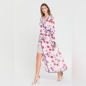 NWT Endless Rose Sheer Floral color poppy Kemono duster with Navy Trim size xs